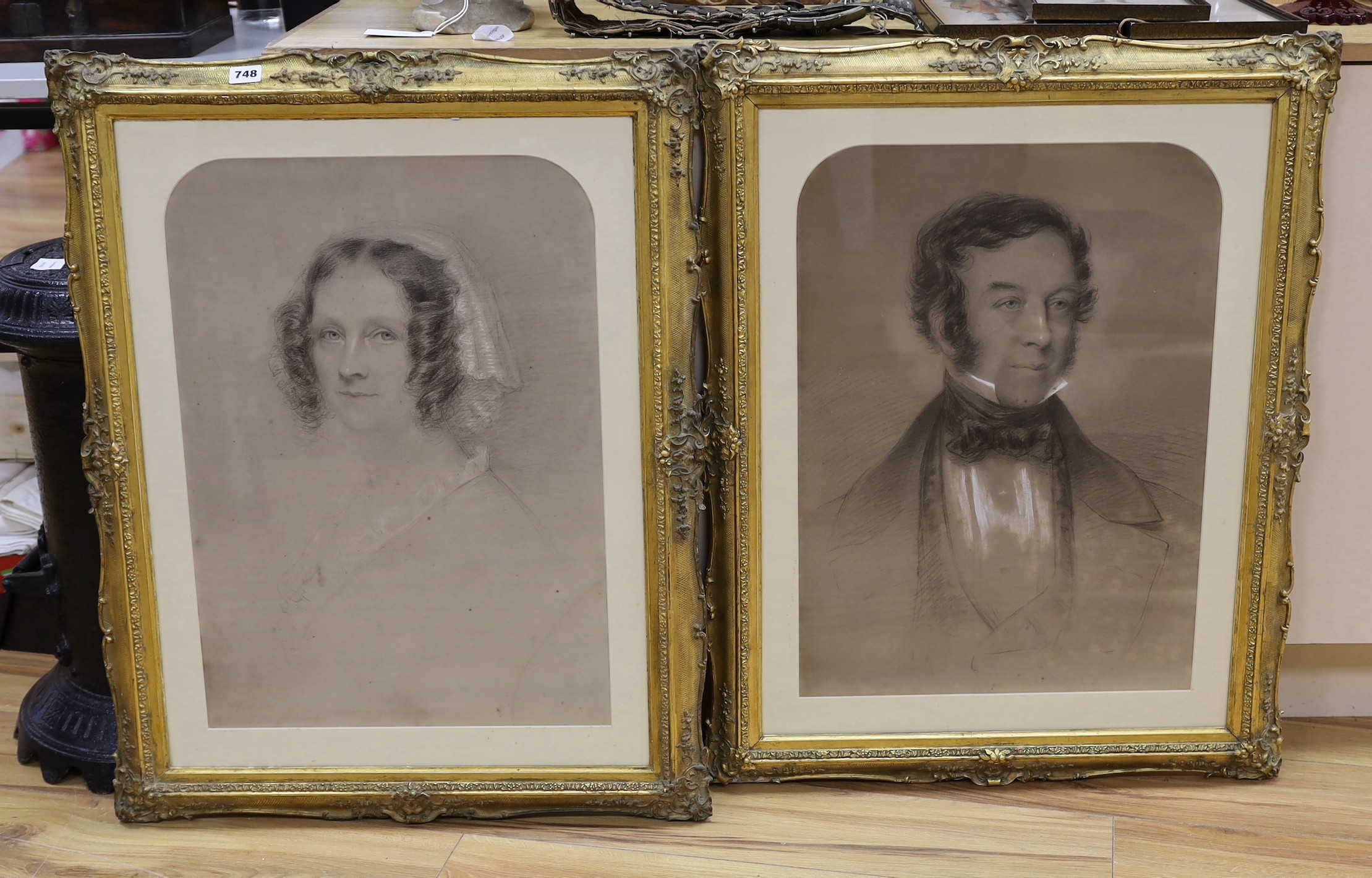 Victorian School, pair of charcoal and chalk drawings, Portraits of a lady and gentleman, 61 x 44cm